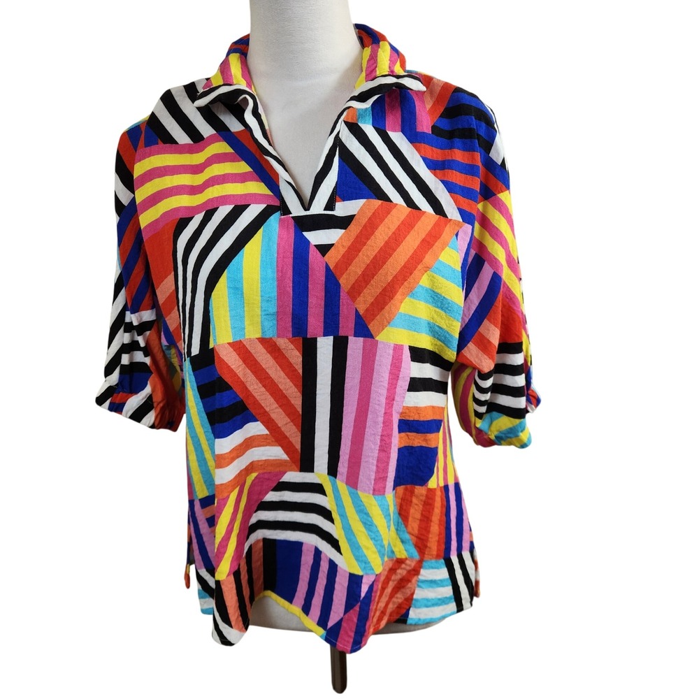 Ali Miles Womens PS Petite Small Multi Color Geometric Stripe V-Neck Blouse Top